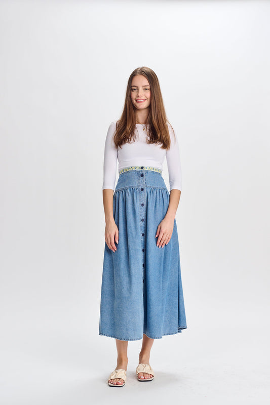 MW Button Down Denim Skirt w Floral Waistband 334656