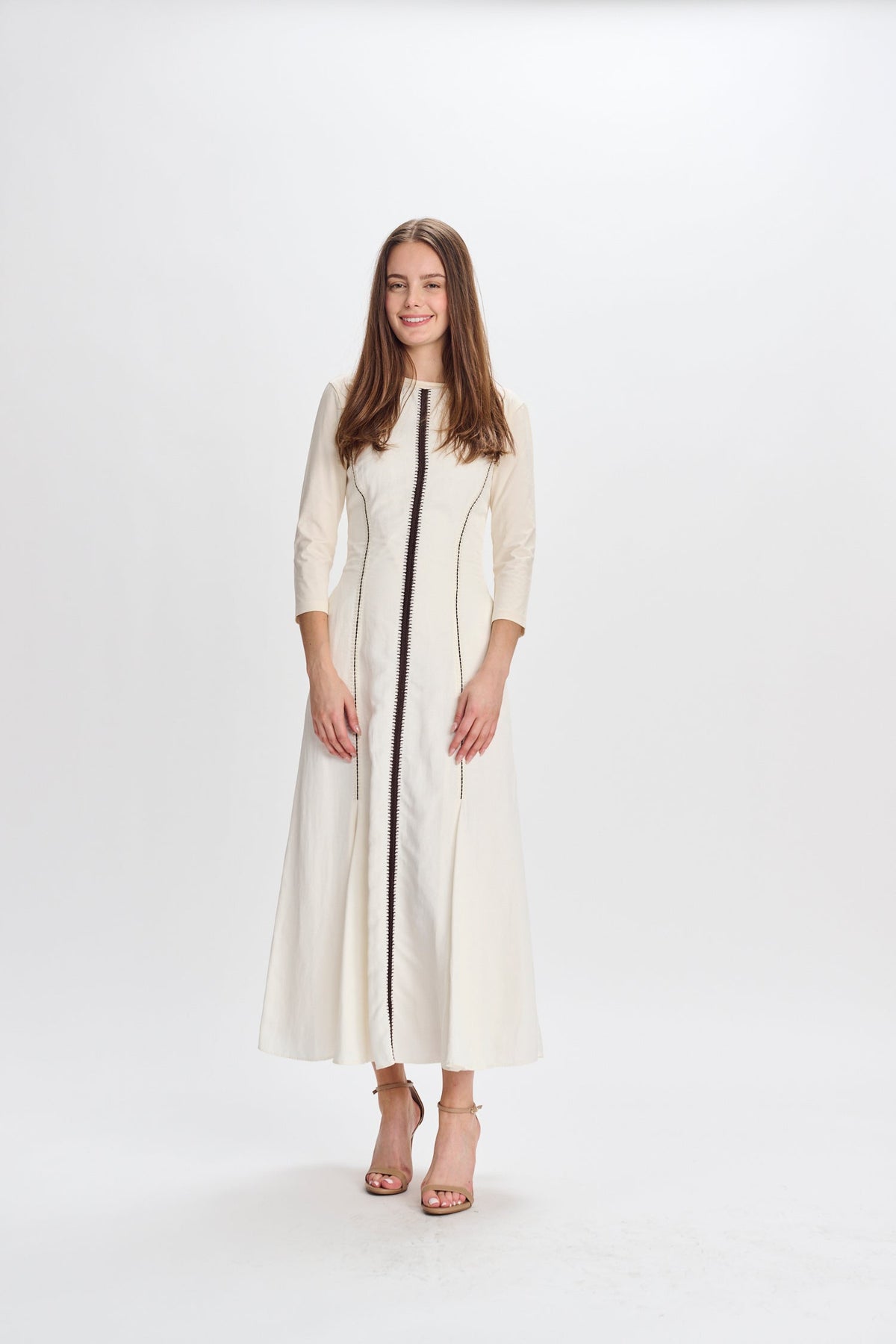 MW White Linen w Brown Stitching Dress 334998
