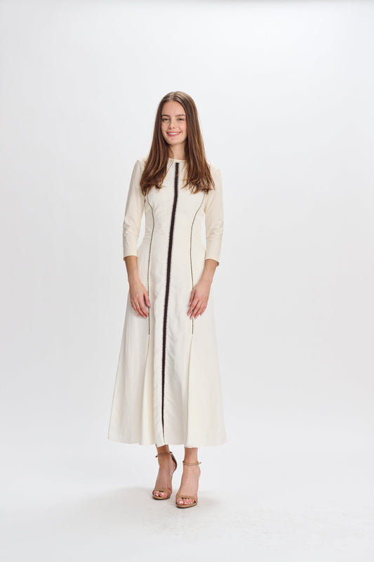 MW White Linen w Brown Stitching Dress 334998
