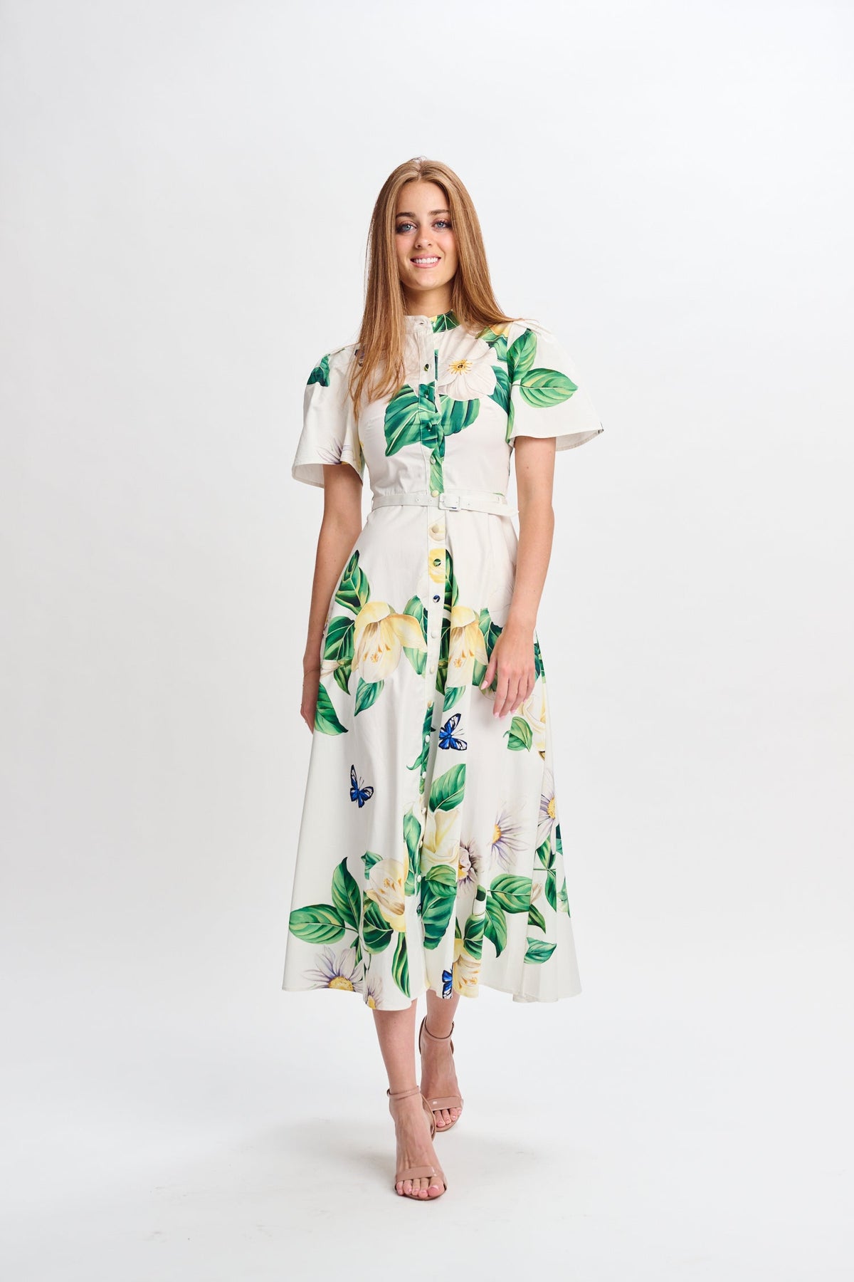 MW White w Yellow flowers and Blue Butterflies Dress 335036