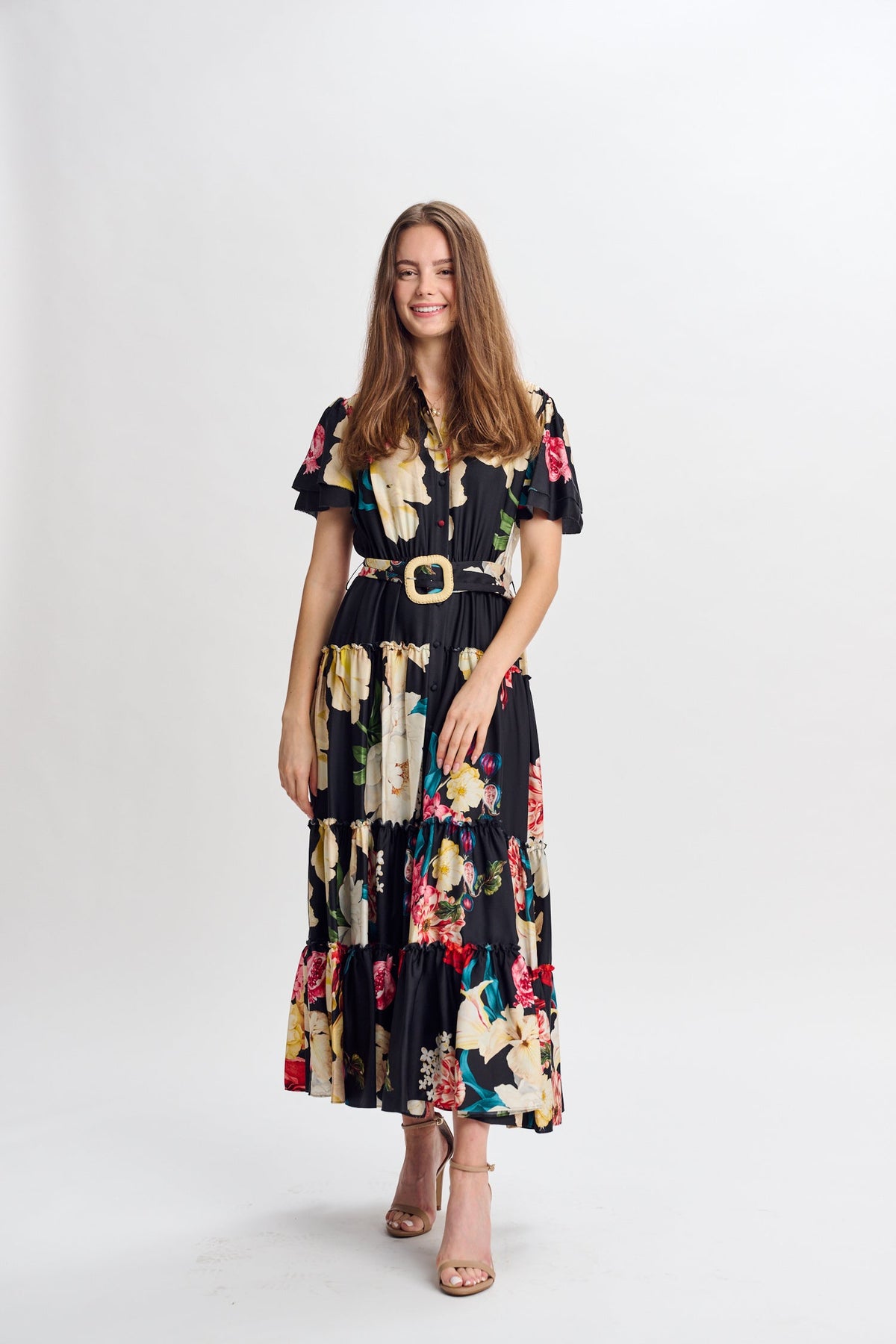 MW Black Satin w Large Floral Print Dress 335015