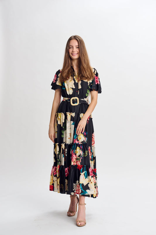 MW Black Satin w Large Floral Print Dress 335015
