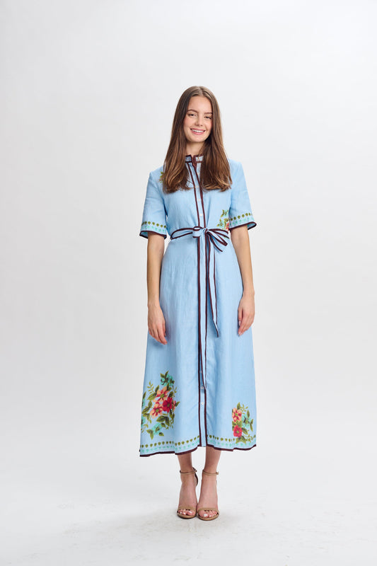 MW Light Blue Linen w Floral Dress 444747