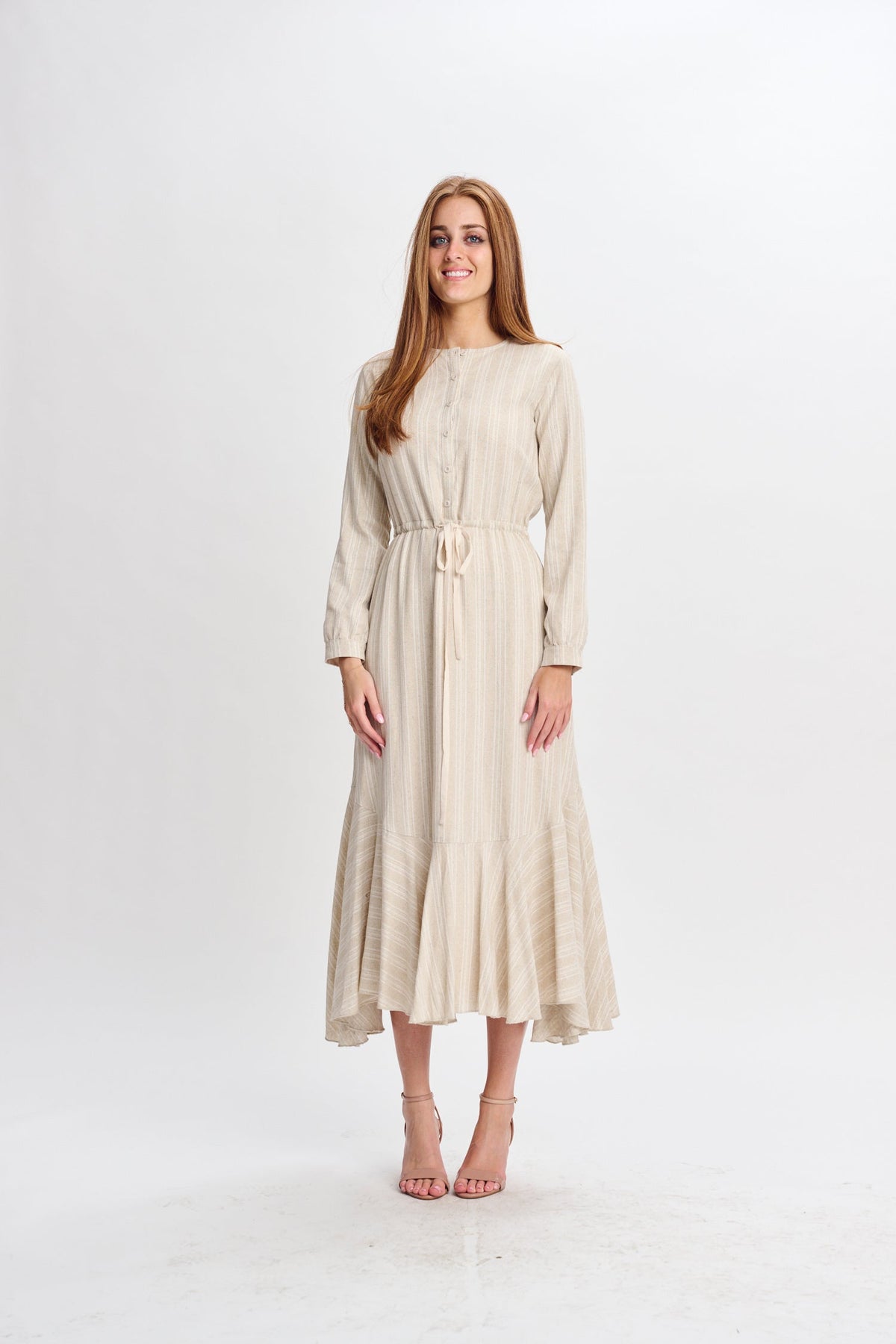 MW Khaki Linen w Gold Shimmer Pull Waist Dress 334732