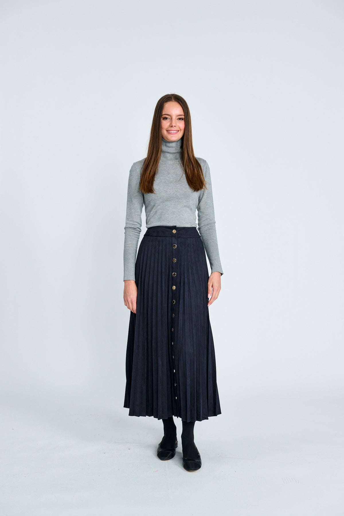 NAVY BUTTON DOWN SUEDE PLEATED SKIRT