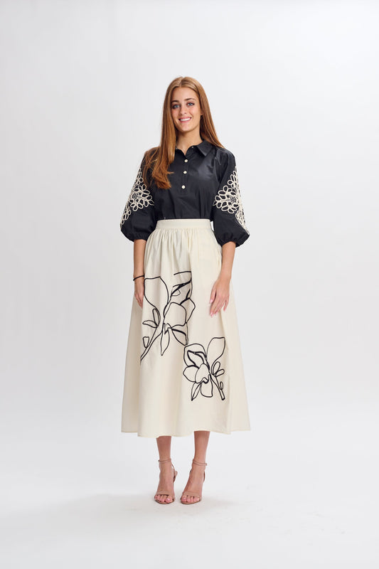 MW Cream/Black Embroidered Skirt 445007