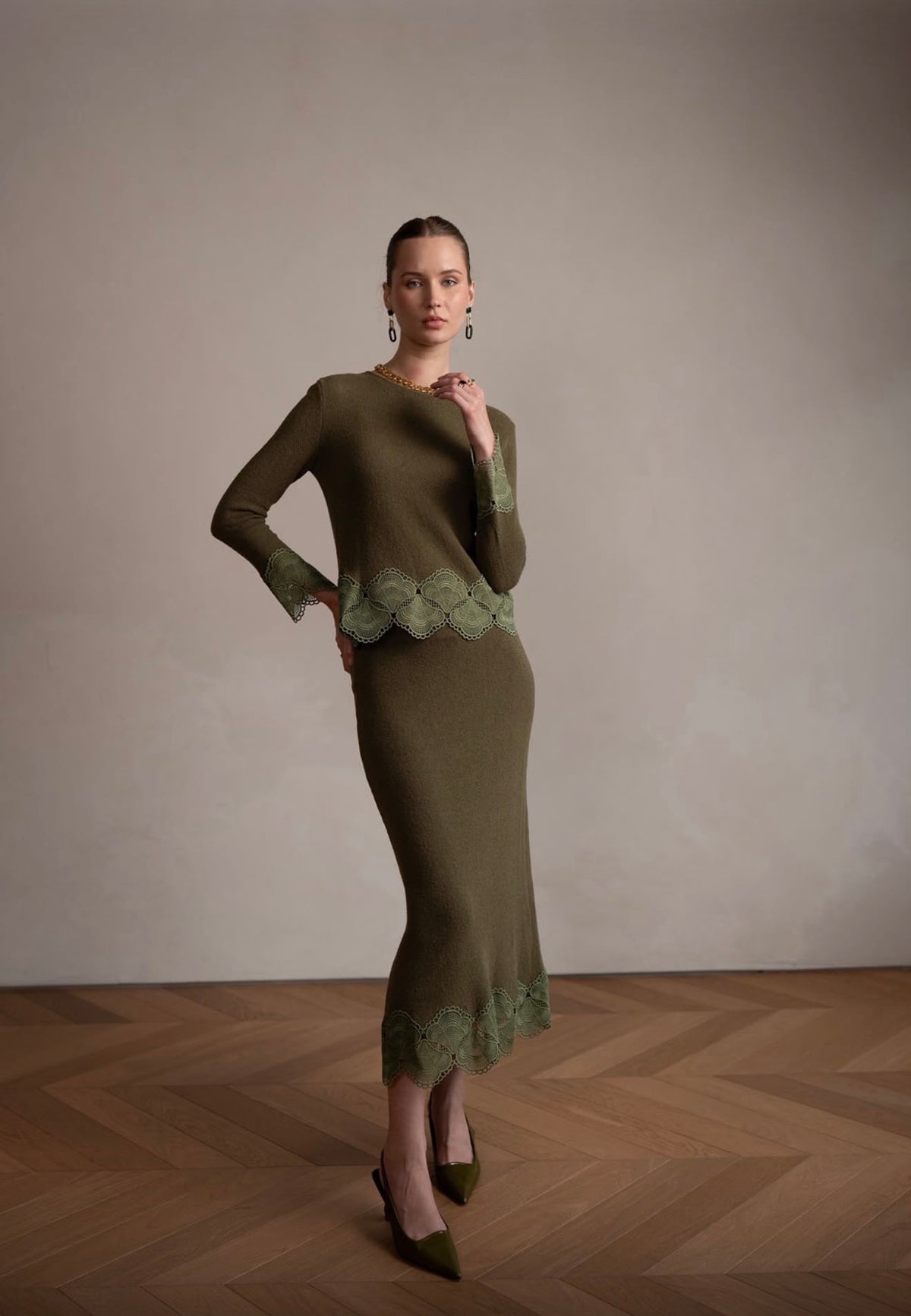 Bliss Embroidered Knit Set Olive