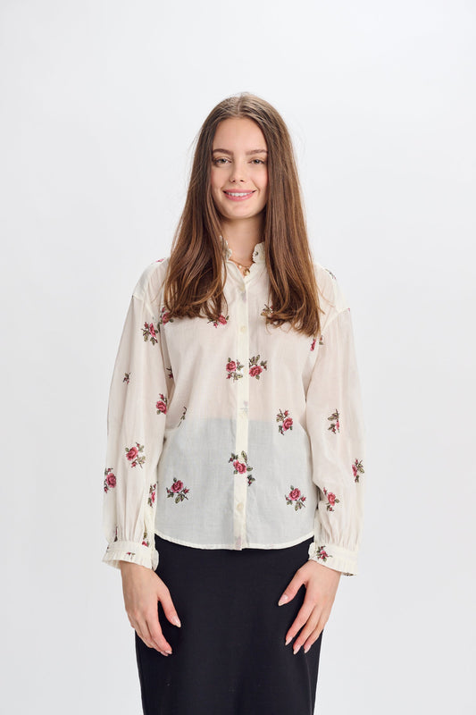 MW Ivory Button Down Top w Rose Print 334987