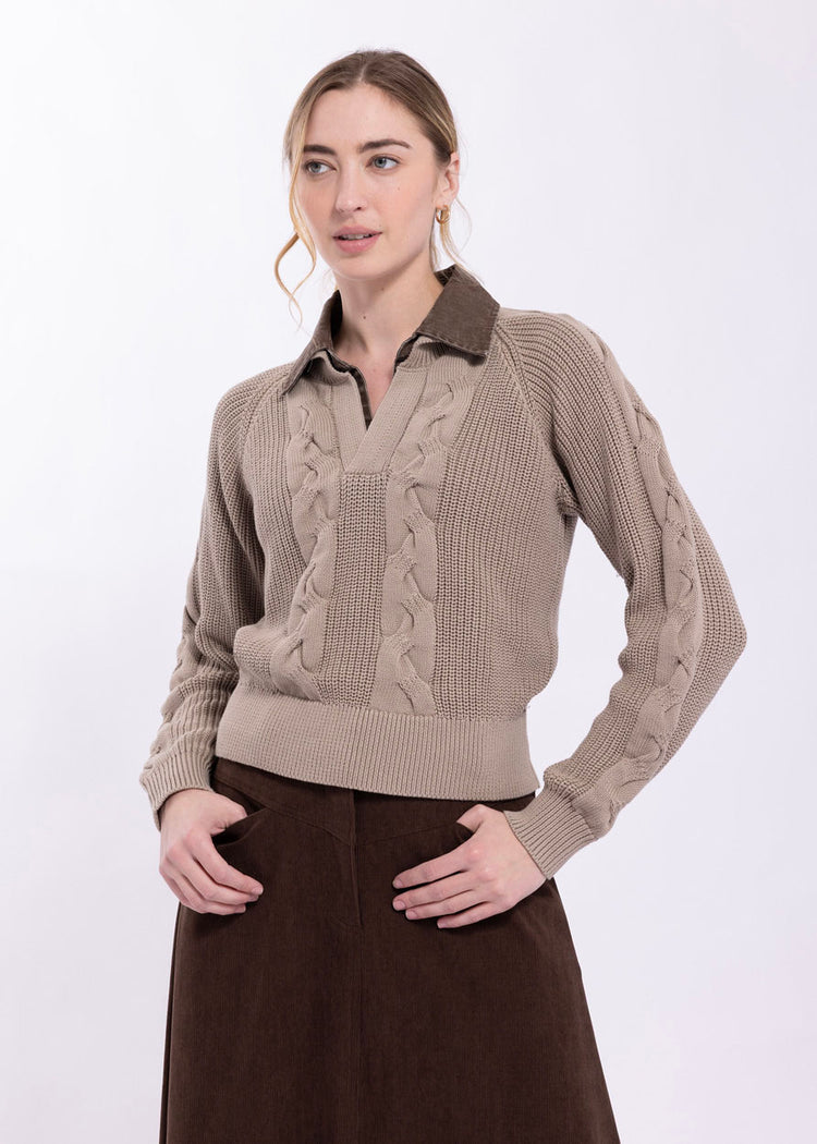CABLE DETAIL SWEATER WITH DENIM COLLAR
