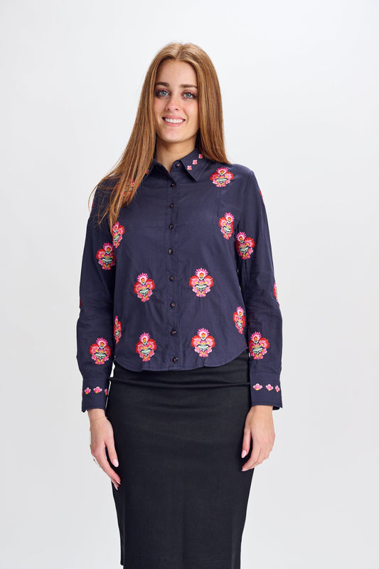 MW Navy Button Down Shirt w Flowers CE#4495