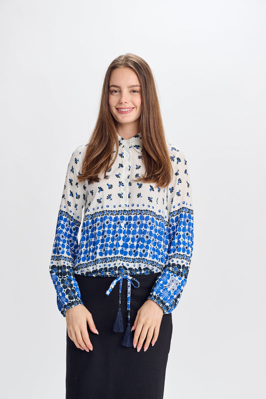 MW Printed Button Down Blouse w Drawstring CE#4455