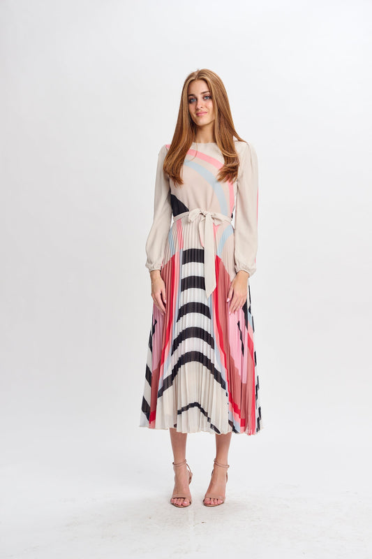 MW Beige Peach Light Blue Pleated Dress 994798