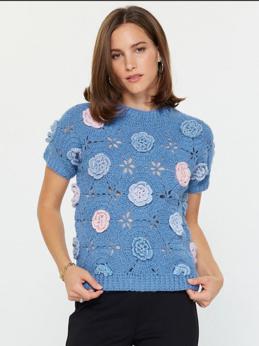 Current Air Handmade Flower Crochet Short Sleeve Sweater