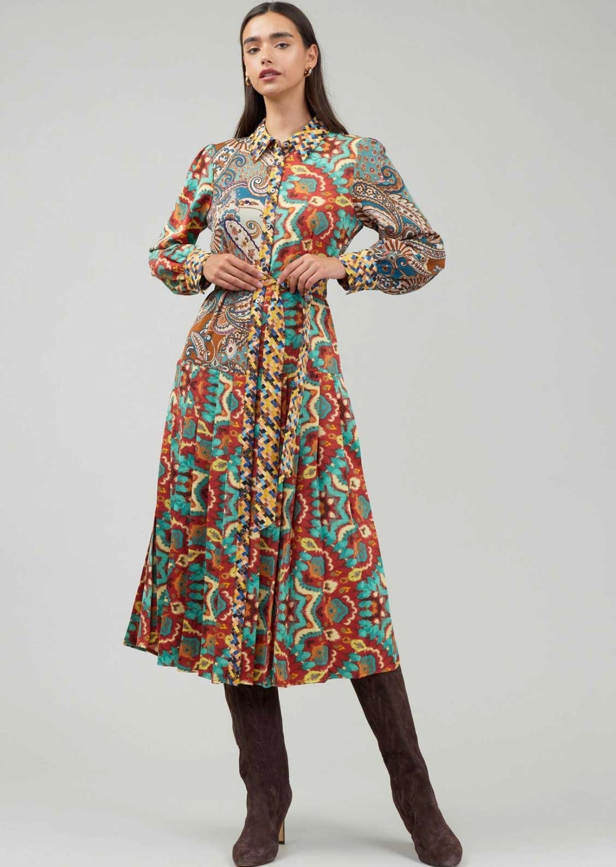 Current Air Colorblocked Abstract Motif Belted Shirt Dress