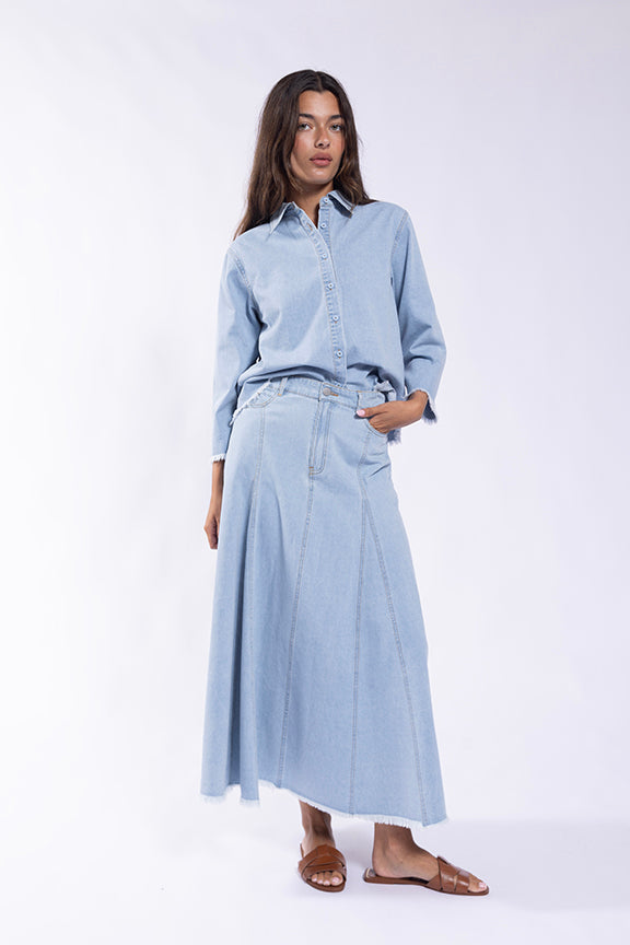 O&E Distressed Midi Skirt w Godet