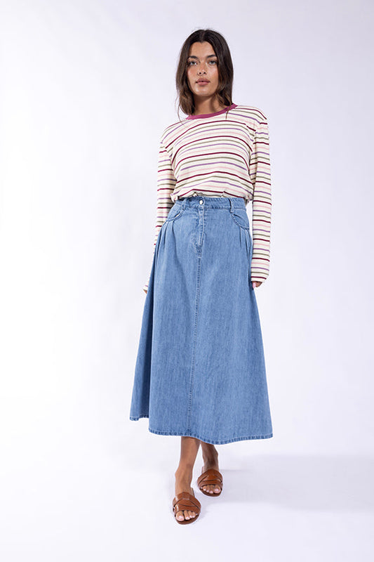 O&E Pleated Pocket Denim Skirt